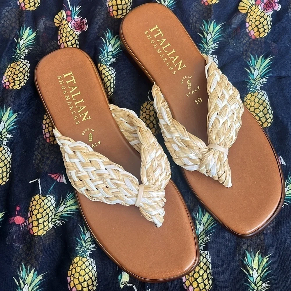 Brand New Italian Shoemakers Natural Braided Straw Thong Sandals Made In Italy